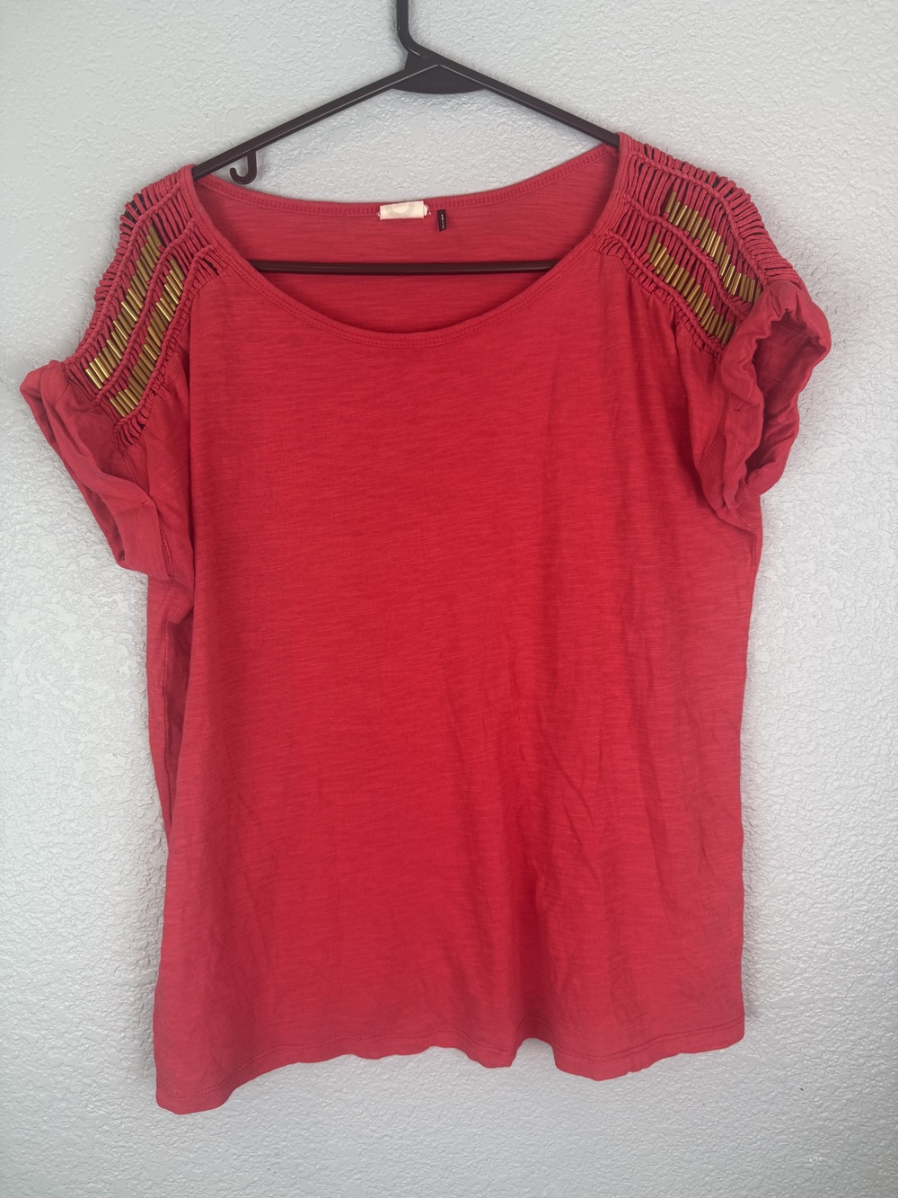 Akemi + Kin Shirt Womens Medium Dark Orange Coral Macrame Beaded Anthropologie